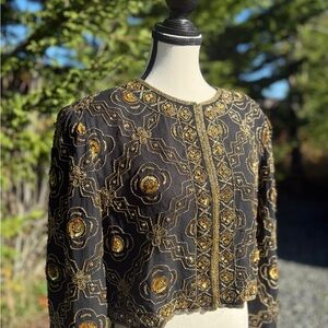 Vintage Nighy Vogue 100% Silk Hand-Beaded Jacket NWT Black & Gold Jacket Sz M